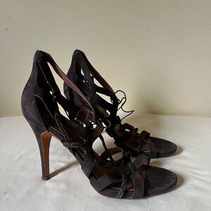 Sigerson Morrison Strappy Lace Up Stiletto Heels Size 10 Dark Brown Suede